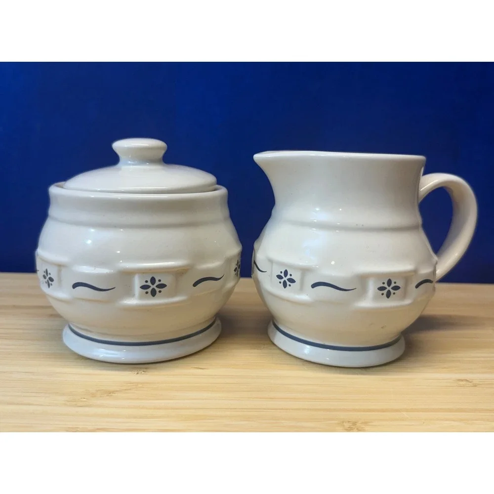 Longaberger Pottery Woven Traditions Blue Cream and Sugar Set Ivory Vitrified